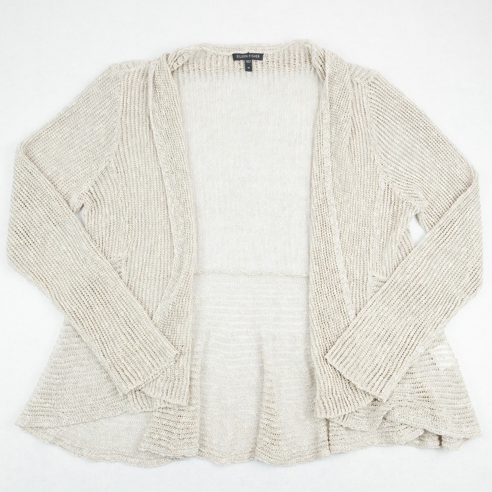 Eileen Fisher Cardigan Womens Medium Beige Open Front Linen Cotton Blend